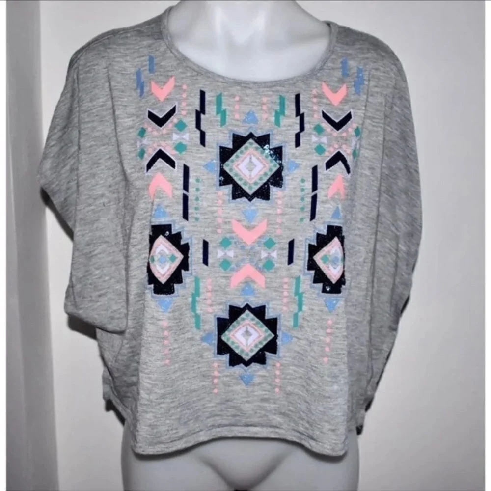 Justice girls grey aztec print flowey top with sparkles and sequin detail